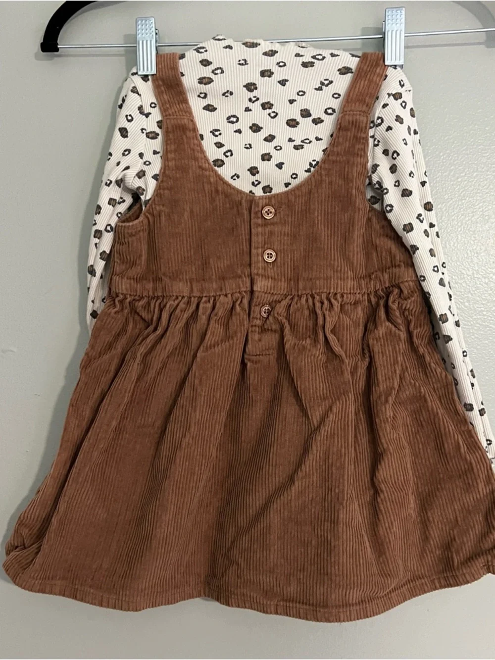 Carter's Brown Corduroy Pinafore Dress with Cream Leopard Top fall outfit‎